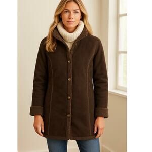 L.L. Bean Chocolate Brown Faux Suede and Shearling Coat Classic Effortless Boho